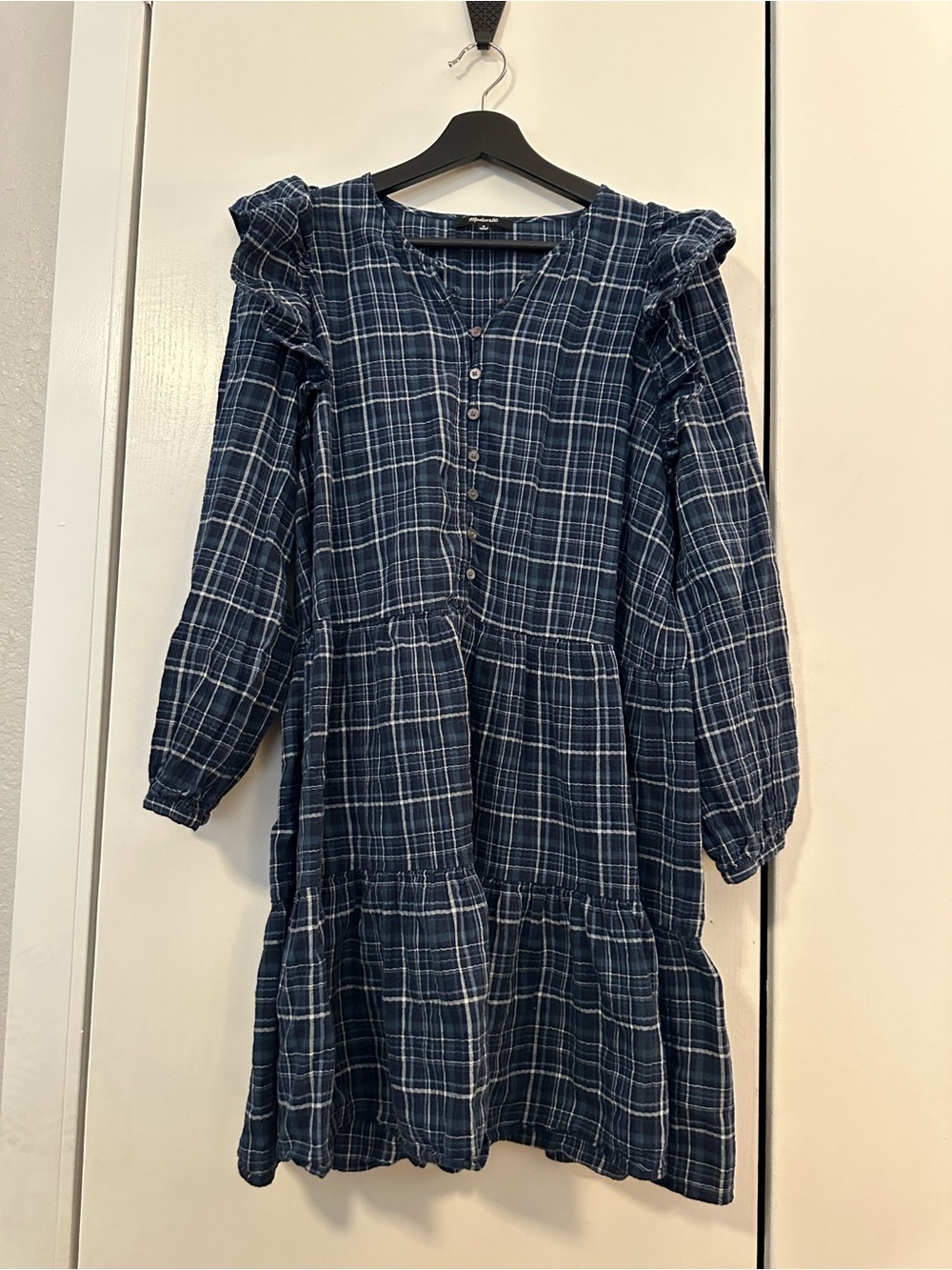 Madewell Deep Indigo Gauze Ruffle-Trimmed Mini Dress
